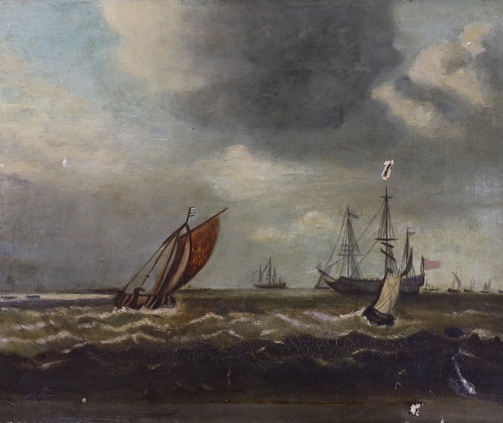 J. Seymour Lindsay, oil on card, The Thames at Wapping, signed, 28 x 38cm, unframed, together with a 19th century oil of shipping and a small Flemish oil on panel of figures and a donkey